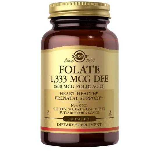 ‏‏Solgar Folate 1333 MCG Dietary Folate Equivalent 800 mcg Folic Acid 250 Tablets Heart Health Healthy Nervous System Prenatal Support Non GMO Vegan Gluten Free Dairy Free 250 Servings نسخة